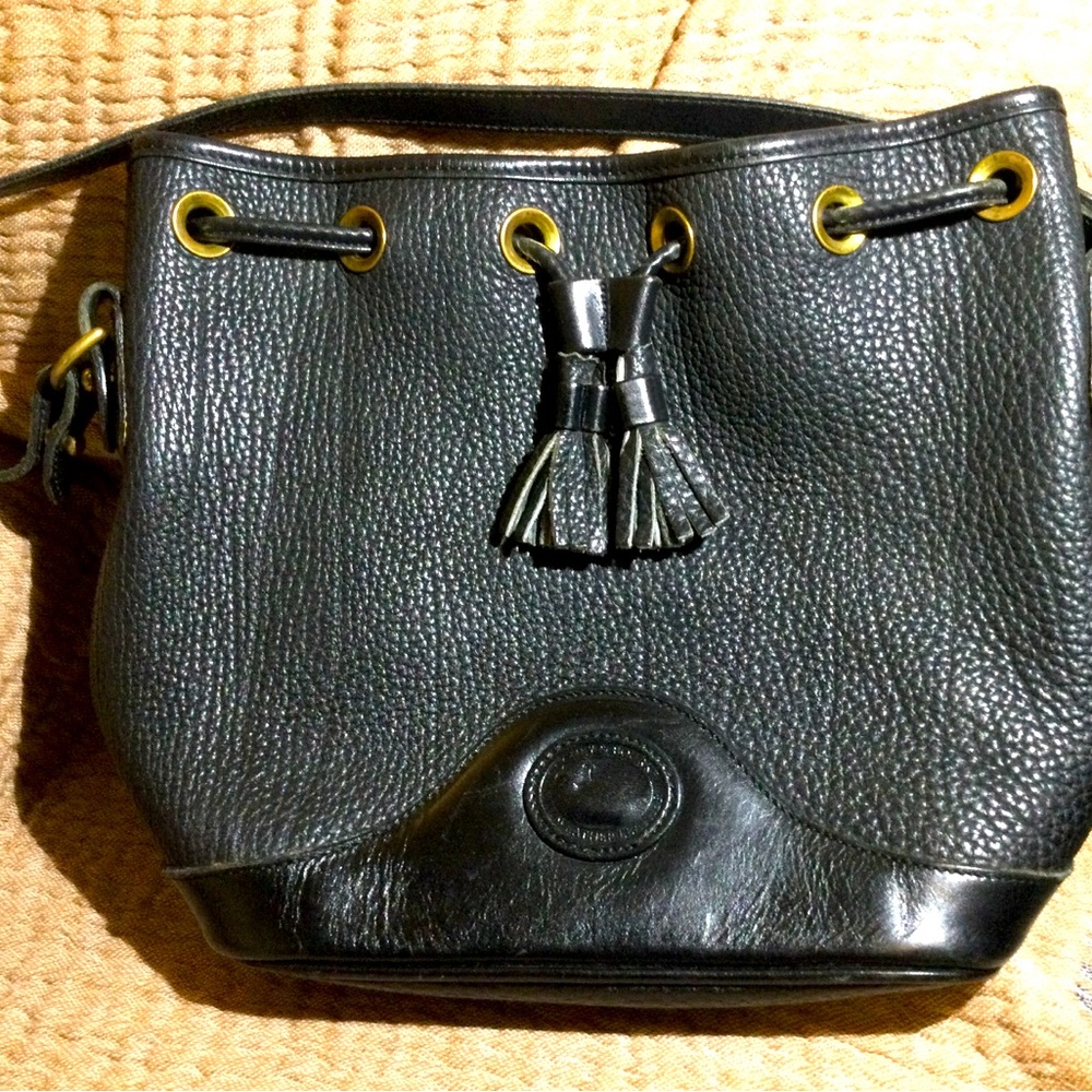 Vintage Dooney and Bourke black pebble leather drawstring bucket bag